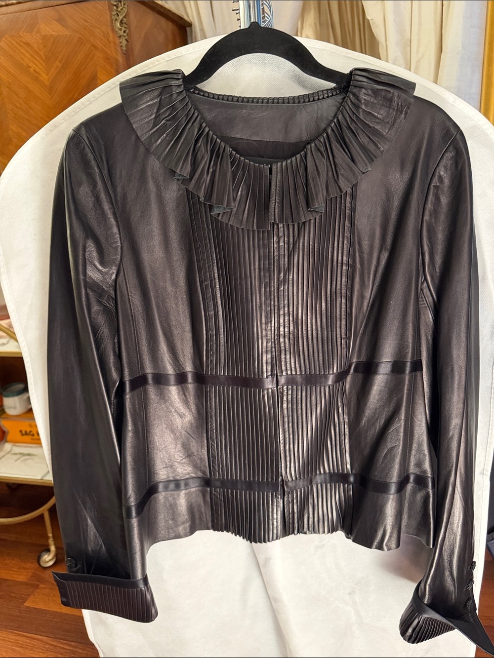 CHANEL Black Leather Pleated Collar Jacket